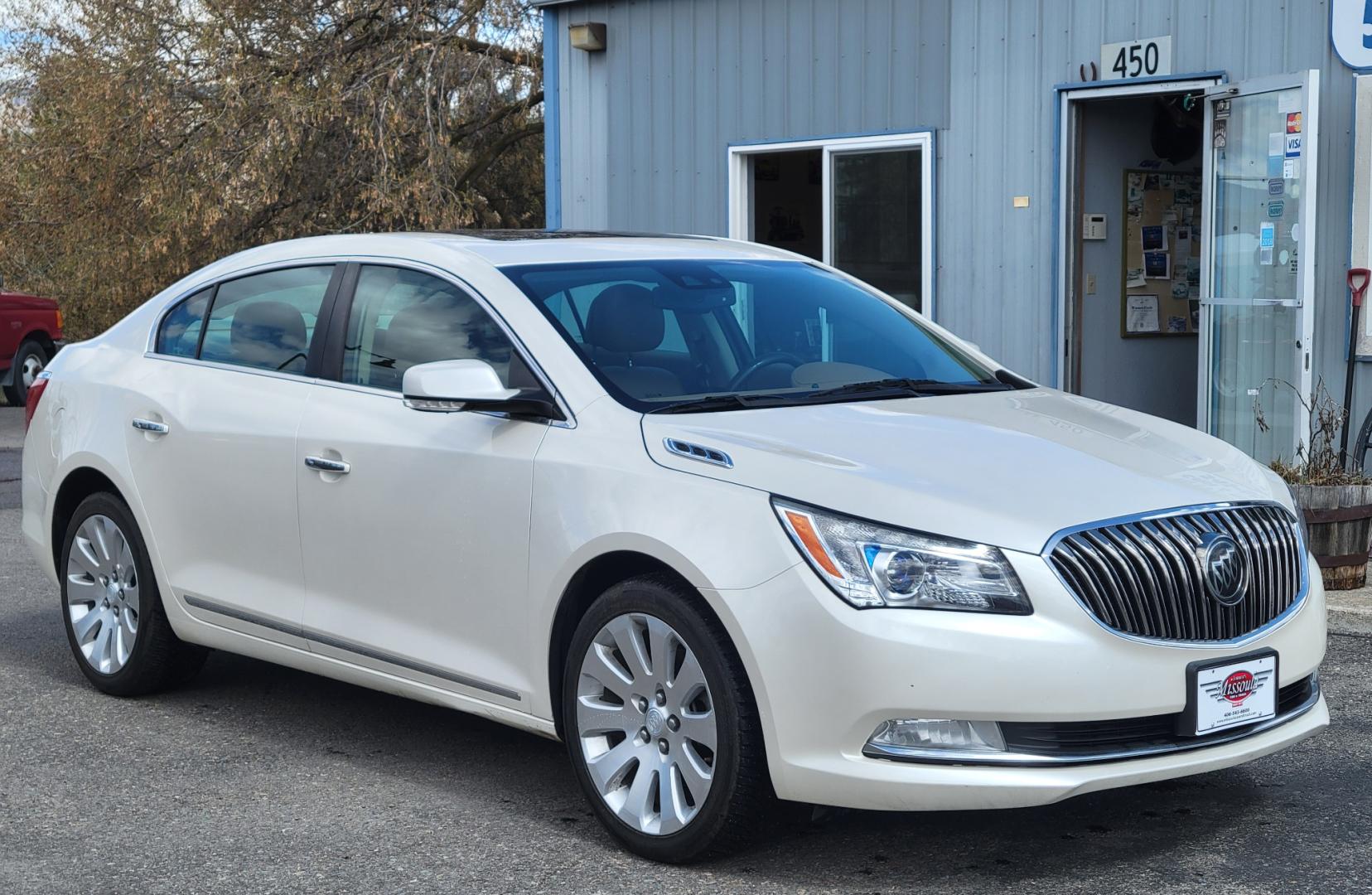 2014 Pearl White /Brown Buick LaCrosse PREMIUM (1G4GE5G33EF) with an 3.6L V6 engine, 6 Speed Auto transmission, located at 450 N Russell, Missoula, MT, 59801, (406) 543-6600, 46.874496, -114.017433 - Beautiful AWD Luxury Sedan. 3.6L V6 Engine. 6 Speed Automatic Transmission. Power Sunroof. Leather Heated Seats. Bluetooth. Memory Seats. Air. Cruise. Tilt. Power Windows and Locks. AM FM XM CD. Bose Sound. Remote Start. Adaptive Cruise Control. - Photo#1